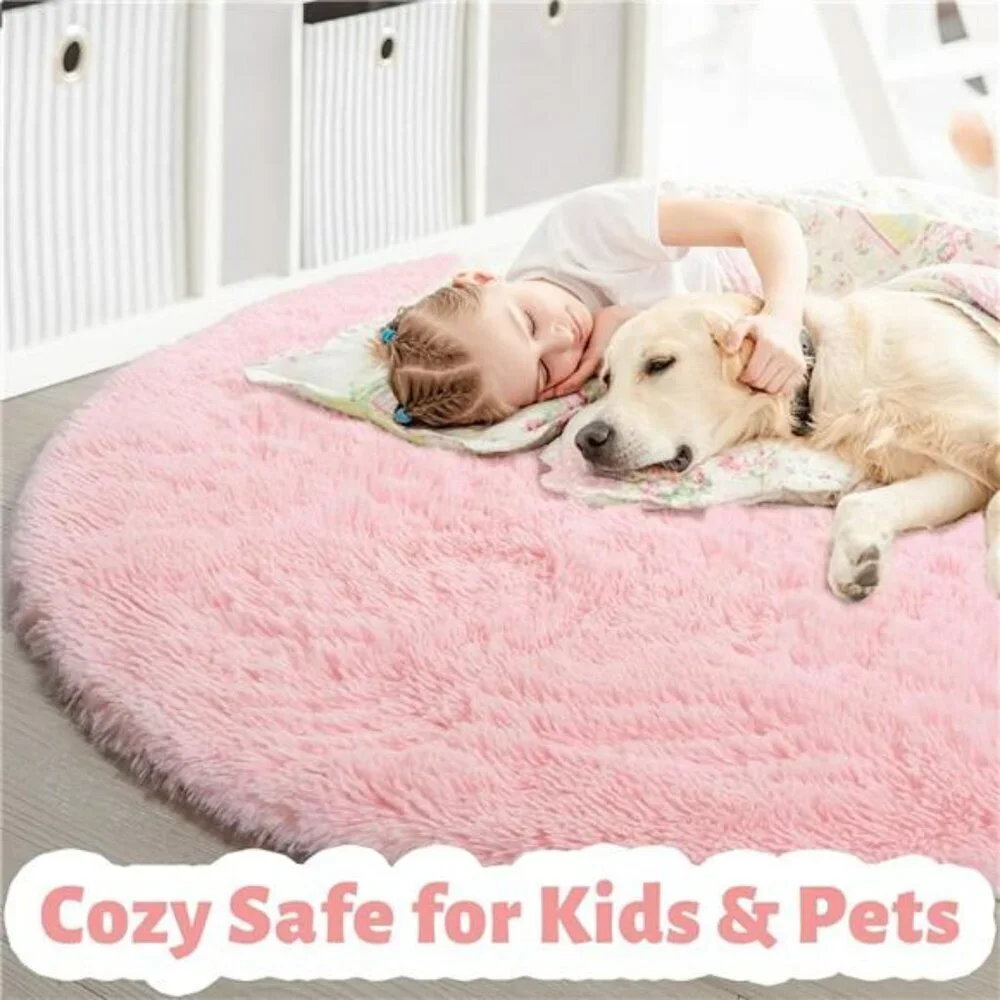 Pink Round Fluffy Rug 4ft Washable Shag Carpet for Girls Bedroom Kids Room